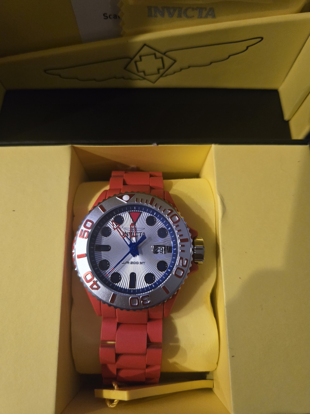 Invicta Men’s Red and Silver Dive Watch with Blue Hands